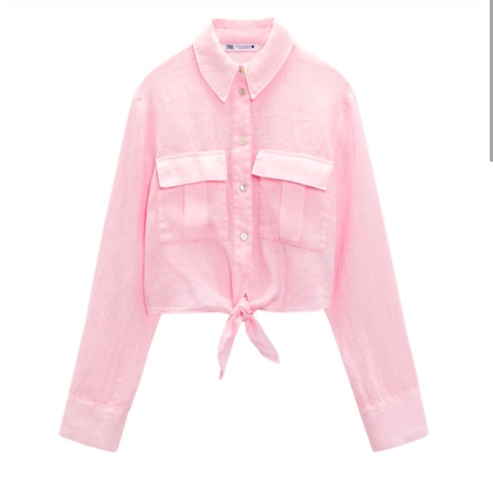 Zara Pink 100% linen tie-front shirt